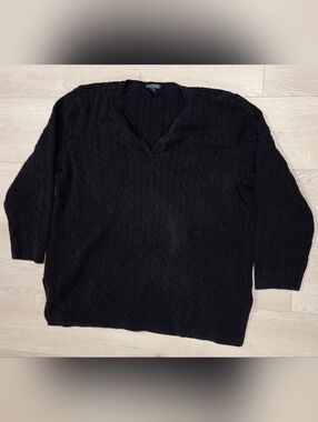 Ralph Lauren Black V-Neck Cable Knit Women's Sweater